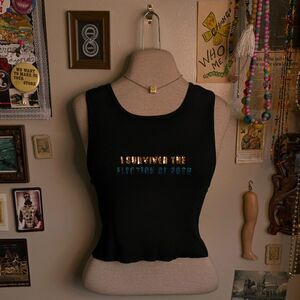 Funny Political Tank Top Women's Medium/Large Black Sparkly USA Graphic Cropped